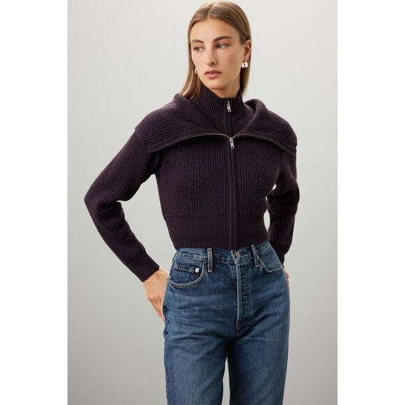 Derek Lam Sweaters - Derek Lam Dark Plum Ribbed Zip-Front Crewneck Sweater